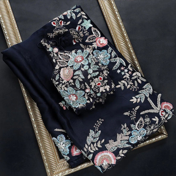Navy Blue Color Rangoli Silk Hand Embroidery Saree With Blouse