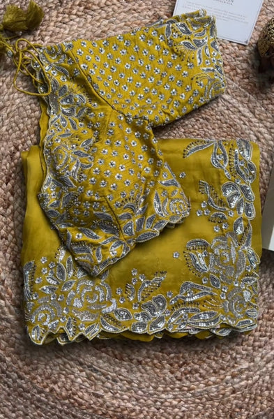 Yellow Colour Organaza Sequence Embroidery Work Saree With Blouse