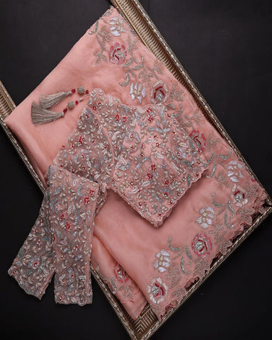 Baby Pink Colour Thread Work And Sequence Lace Border Designer Saree With Blouse