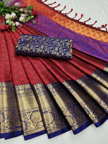 Mellifluous Maroon Soft Silk Saree With Nemesis Blouse Piece