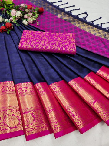 Delectable Navy Blue Soft Silk Saree With Pleasurable Blouse Piece
