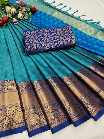 Gratifying Rama Soft Silk Saree With Amiable Blouse Piece