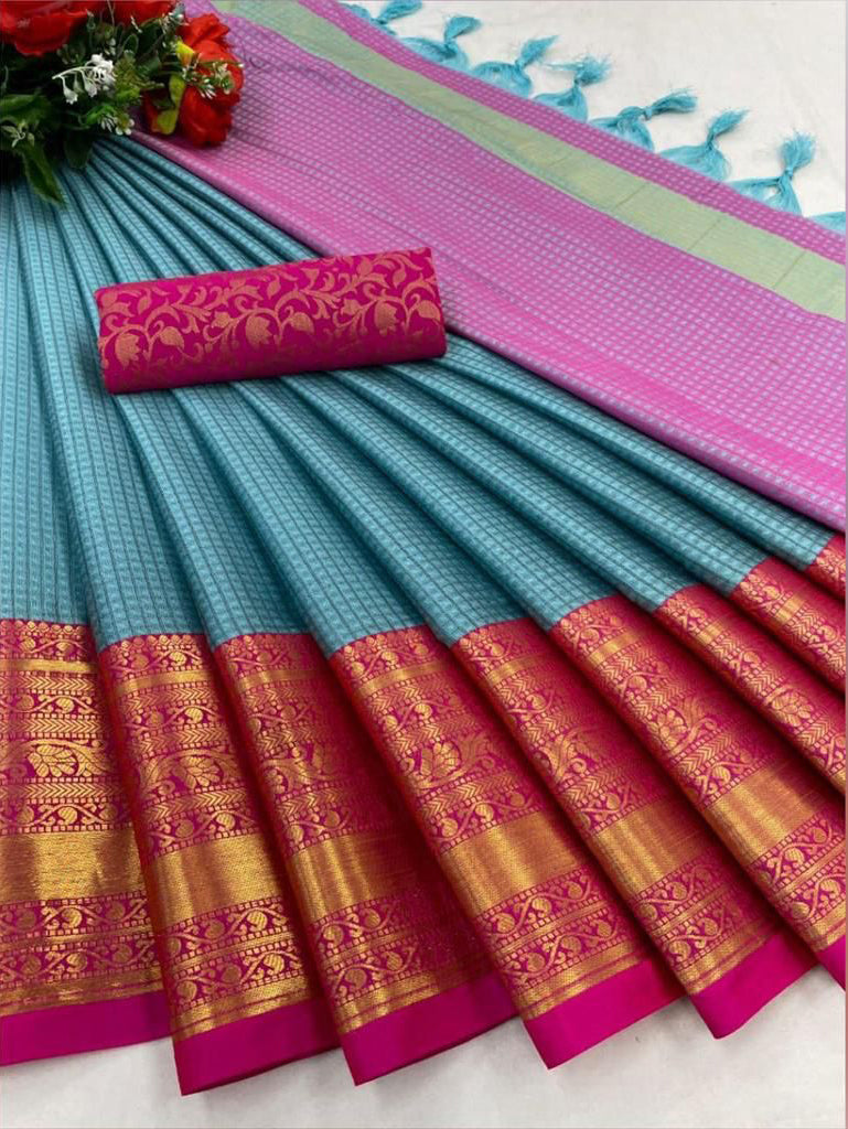 Tempting Firozi Soft Silk Saree With Imaginative Blouse Piece