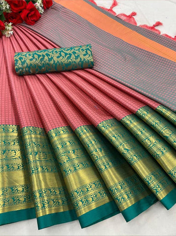 Cynosure Pink Soft Silk Saree With Diaphanous Blouse Piece