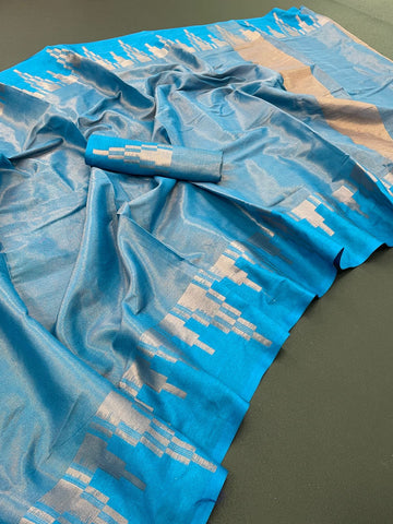 Classy Firozi Soft Silk Saree With Extraordinary Blouse Piece