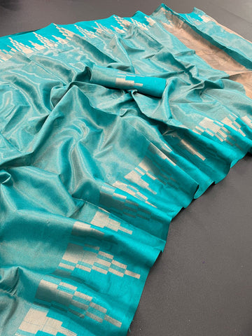 Eye-catching Sky Soft Silk Saree With Designer Blouse Piece
