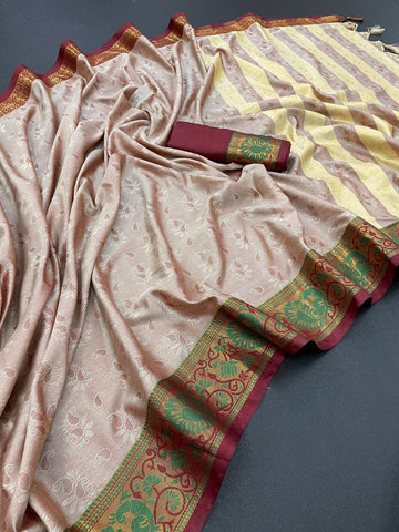 Captivating Beige Soft Silk Saree With Hypnotic Blouse Piece