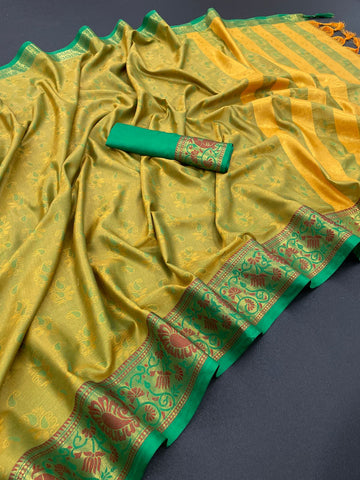 Majesty Mehndi Soft Silk Saree With Blissful Blouse Piece