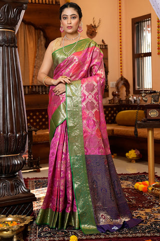 Trendy Dark Pink Organza Silk Saree With Marvellous Blouse Piece