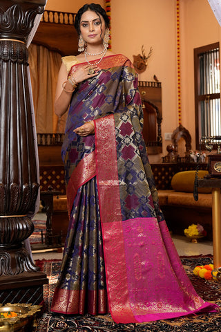 Flattering Navy Blue Organza Silk Saree With Redolent Amazing Piece
