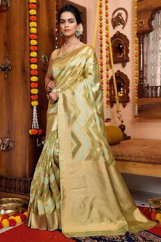 Girlish Mehndi Organza Silk Saree With Prettiest Blouse Piece