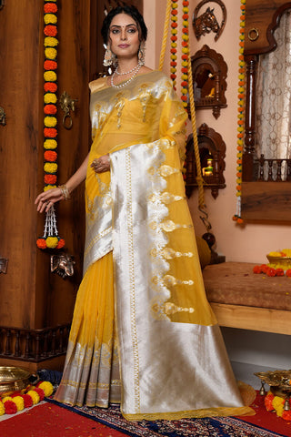 Transcendent Mustard Organza Silk Saree With Fragrant Blouse Piece