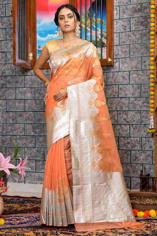 Prodigal Orange Organza Silk Saree With Smashing Blouse Piece