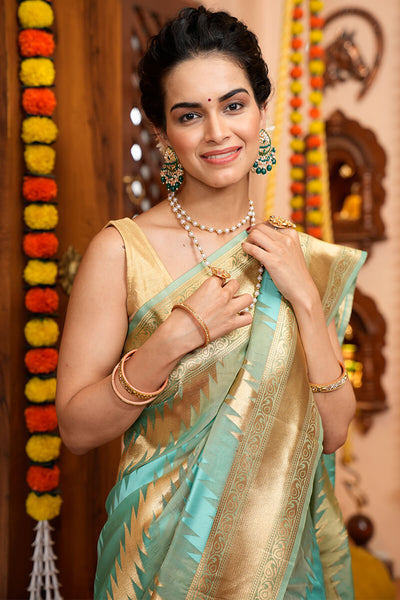 Luxuriant Firozi Organza Silk Saree With Enchanting Blouse Piece