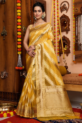 Exuberant Yellow Organza Silk Saree With Redolent Blouse Piece