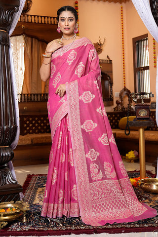 Ideal Dark Pink Linen Silk Saree With Efflorescence Blouse Piece