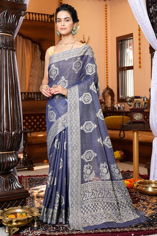 Beauteous Grey Linen Silk Saree With Epiphany Blouse Piece