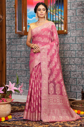Chatoyant Dark Pink Linen Silk Saree With Propinquity Blouse Piece