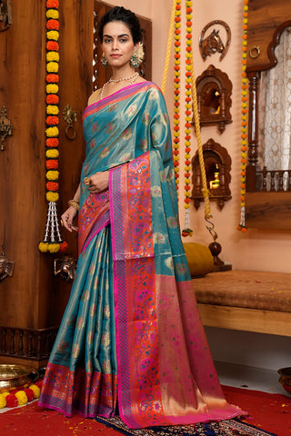 Eloquence Rama Soft Banarasi Silk Saree With Palimpsest Blouse Piece