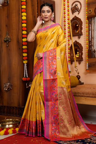 Desuetude Yellow Soft Banarasi Silk Saree With Scintilla Blouse Piece