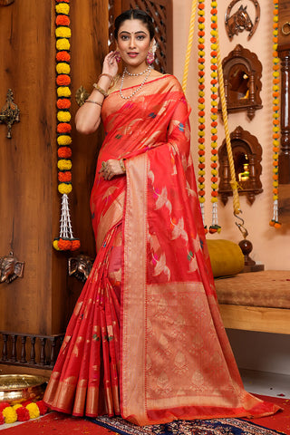 Scrumptious Red Organza Silk Saree With Conflate Blouse Piece
