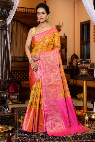 Incredible Yellow Organza Silk Saree With Prodigal Blouse Piece