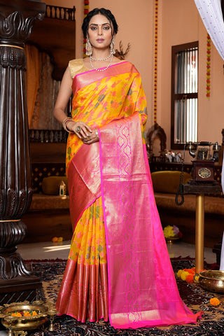 Magnetic Yellow Organza Silk Saree With Snappy Blouse Piece