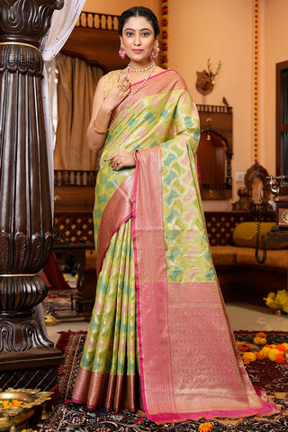 Murmurous Green Organza Silk Saree With Redolent Blouse Piece