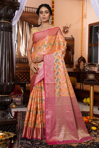 Forbearance Orange Organza Silk Saree With Magnetic Blouse Piece