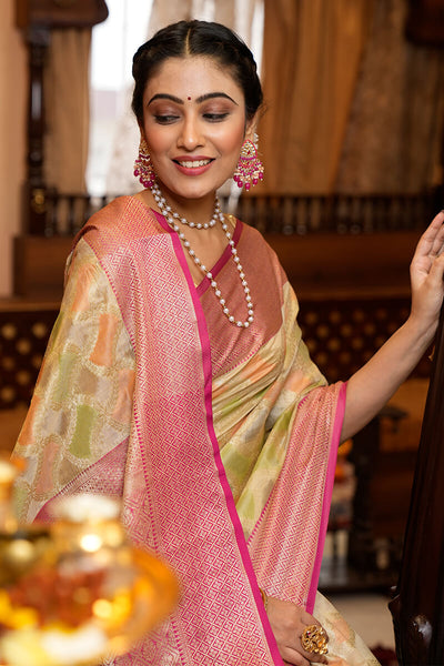 Cynosure Pista Organza Silk Saree With Prodigal Blouse Piece