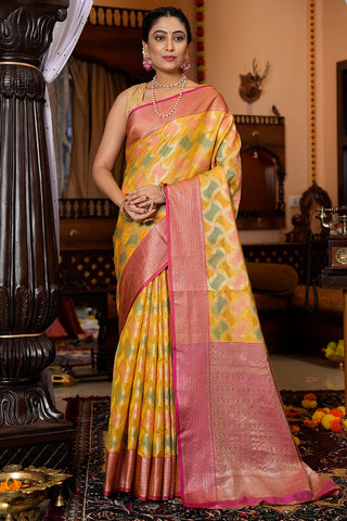 Enticing Yellow Organza Silk Saree With Glittering Blouse Piece