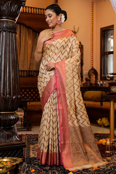 Trendy Beige Soft Banarasi Silk Saree With Flattering Blouse Piece