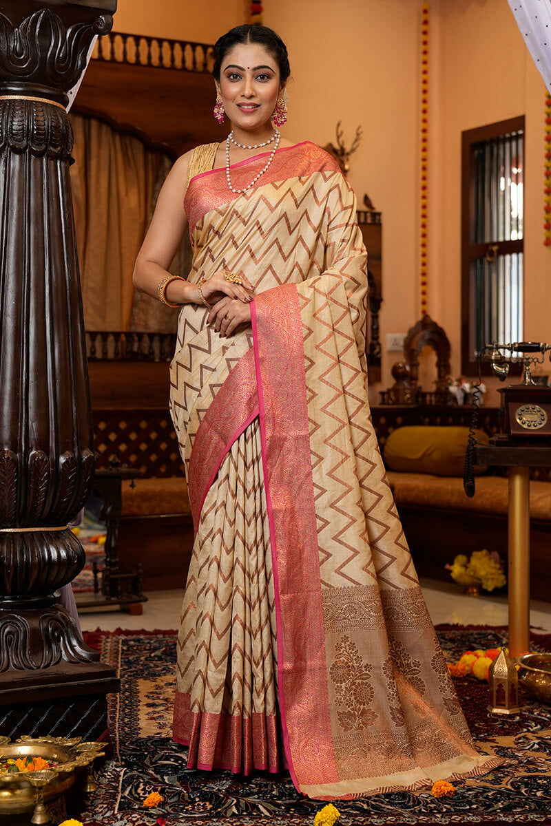 Trendy Beige Soft Banarasi Silk Saree With Flattering Blouse Piece