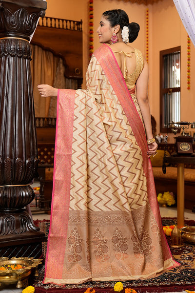 Trendy Beige Soft Banarasi Silk Saree With Flattering Blouse Piece