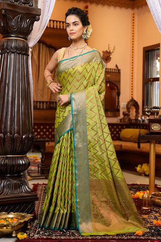 Amazing Mehndi Soft Banarasi Silk Saree With Extraordinary Blouse Piece