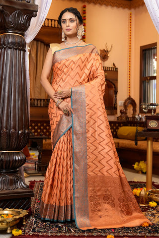 Lovely Peach Soft Banarasi Silk Saree With Skinny Blouse Piece