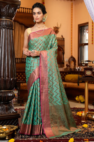 Invaluable Sea Green Soft Banarasi Silk Saree With Jazzy Blouse Piece