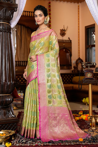Preferable Mehndi Organza Silk Saree With Adoring Blouse Piece