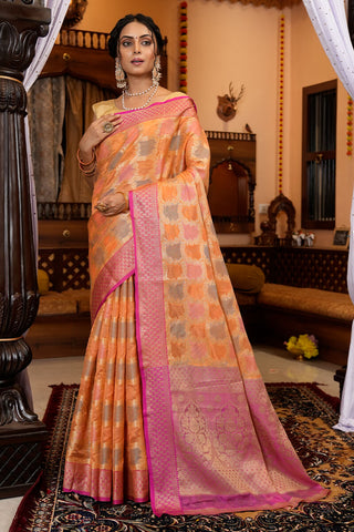 Fancifull Orange Organza Silk Saree With Ailurophile Blouse Piece