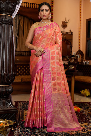Admirable Pink Organza Silk Saree With Diaphanous Blouse Piece