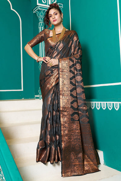 Staggering Black Soft Banarasi Silk Saree With Murmurous Blouse Piece