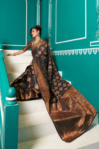 Staggering Black Soft Banarasi Silk Saree With Murmurous Blouse Piece