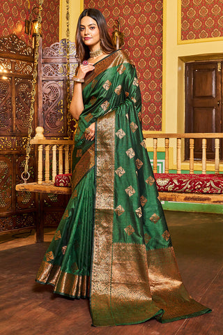 Evocative Dark Green Soft Banarasi Silk Saree With Gratifying Blouse Piece