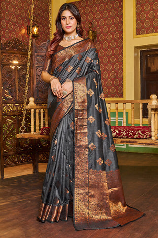 Petrichor Grey Soft Banarasi Silk Saree With Delectable Blouse Piece