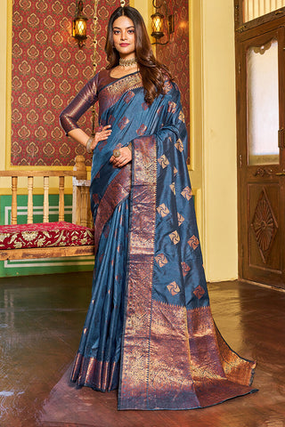 Exuberant Navy Blue Soft Banarasi Silk Saree With Devastating Blouse Piece