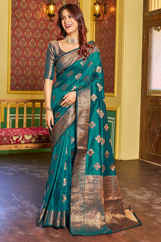Susurrous Rama Soft Banarasi Silk Saree With Unique Blouse Piece