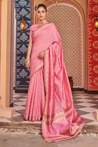 Evanescent Baby Pink Linen Cotton Silk Saree With Palimpsest Blouse Piece