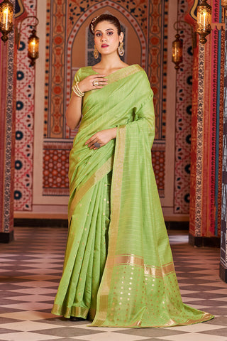 Vestigial Green Linen Cotton Silk Saree With Incredible Blouse Piece