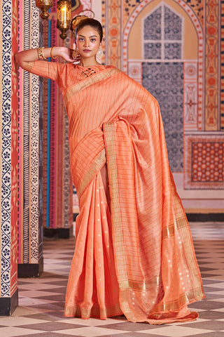 Enchanting Orange Linen Cotton Silk Saree With Exuberant Blouse Piece