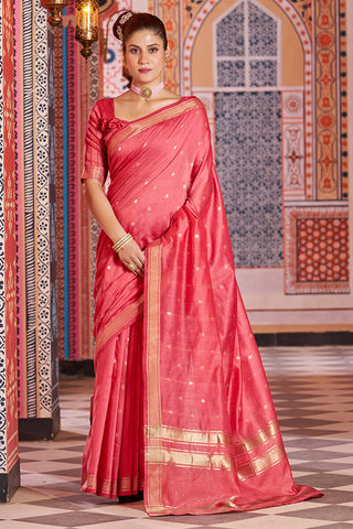 Diaphanous Red Linen Cotton Silk Saree With Chatoyant Blouse Piece